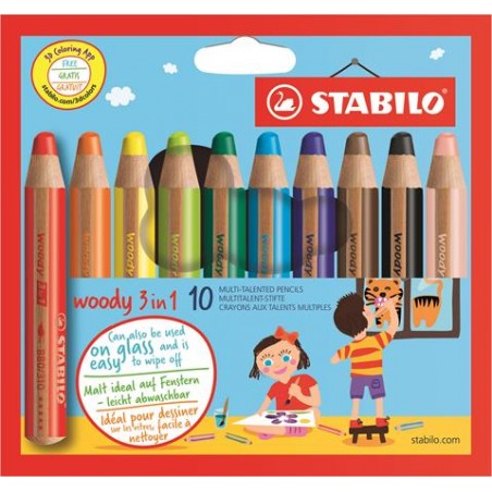 Farebné ceruzky Woody 3 in 1, 10 rôznych farieb