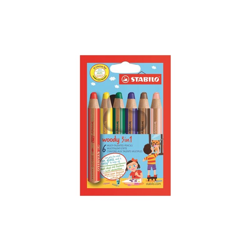 Farebné ceruzky Woody 3 in 1, 6 rôznych farieb
