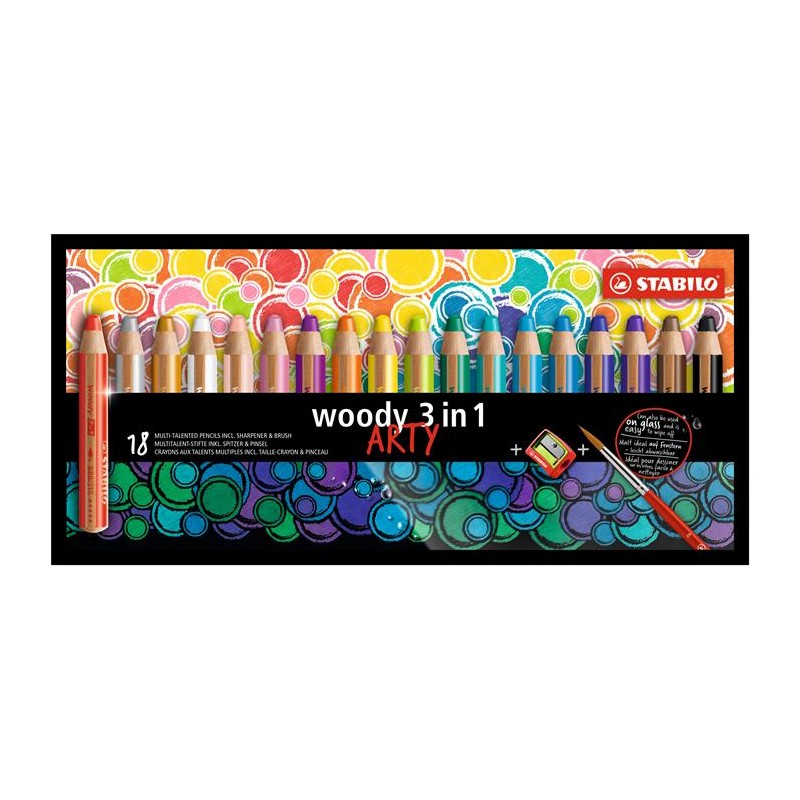 Farebná ceruzka, hrubá, Woody ARTY 3 in 1, 18 rôznych farieb